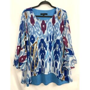 Calessa Blue Ikat Abstract Tiered Bell Sleeve Layered Tunic Blouse Womens XL